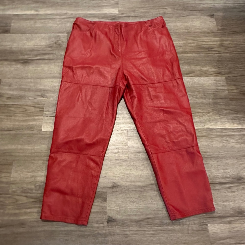 VTG Clio II Red Leather Pants Women Sz 22 Plus Genuine Paneled Straight Leg Y2K